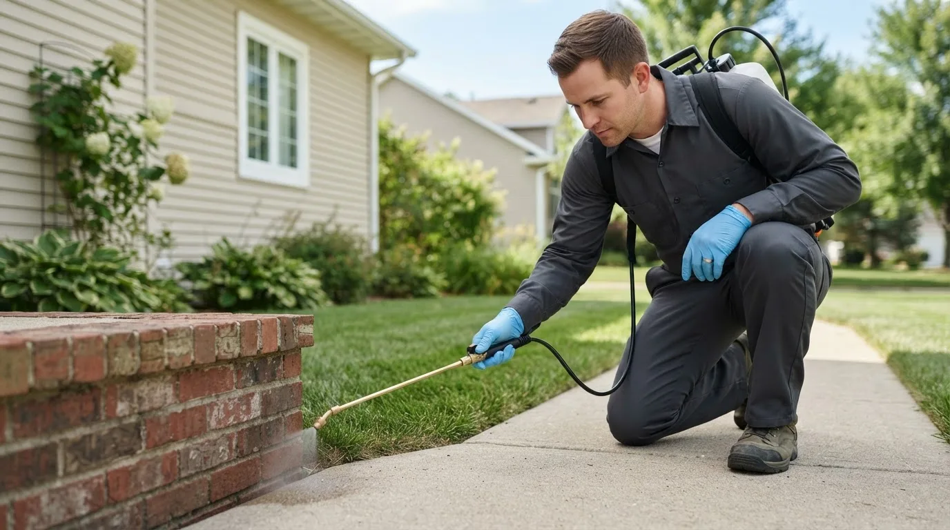 Pest control technician treating a home near Platteville, WI