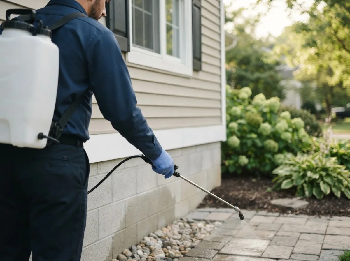 Pest control technician inspecting a home in Platteville, WI